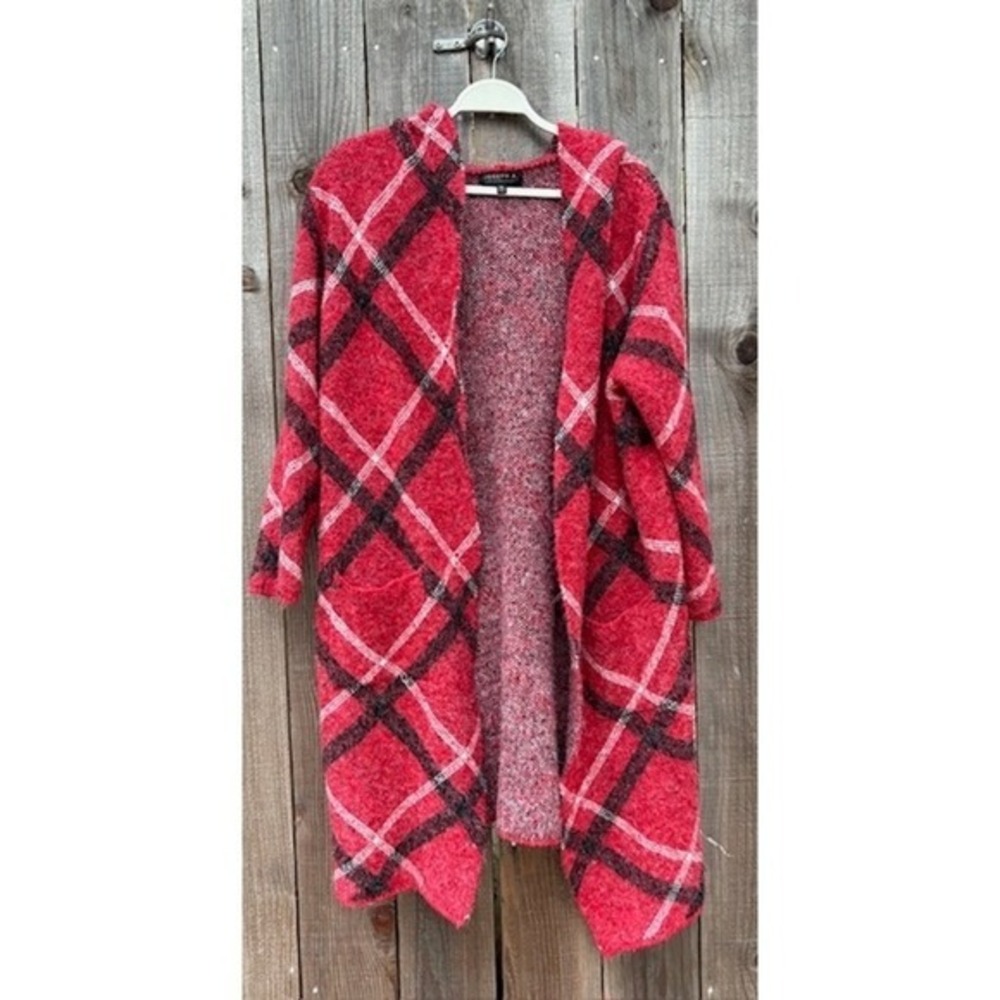 Joseph A Hooded Cardigan XL Red Plaid Open Front Sweater Coat Duster